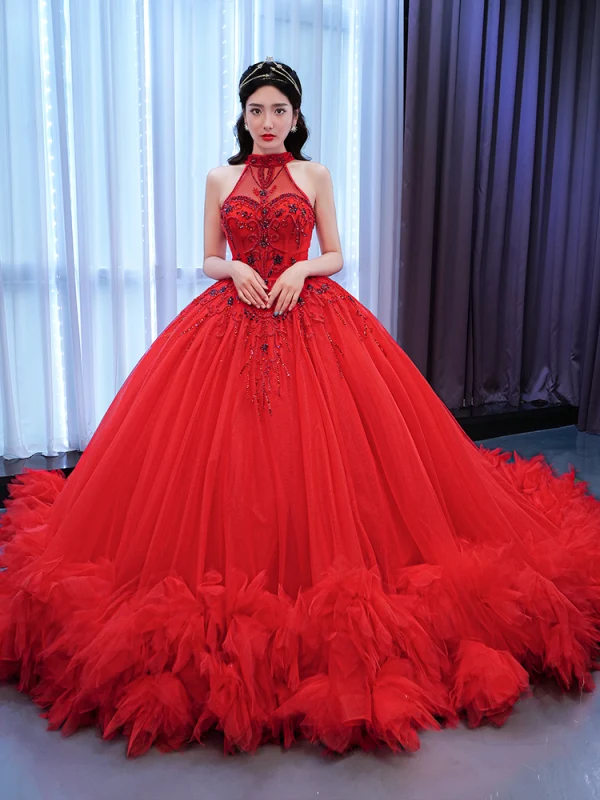 Charming Red Ruffle Wedding Dresses 2021 Ball Gown High Neck Beading Rhinestone Sleeveless Backless Cathedral Train Wedding
