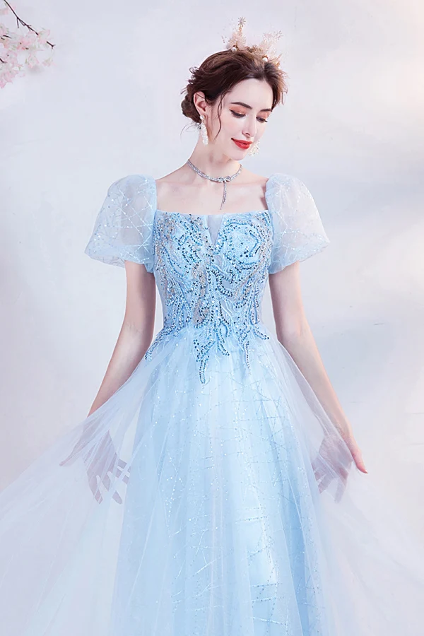 Chic / Belle Bleu Ciel Robe De Bal Robe De Bal 2021 Princesse Encolure Carrée Perlage Perle Paillettes En Dentelle Fleur Manches Courtes Dos Nu Longue Promo Robe De Ceremonie