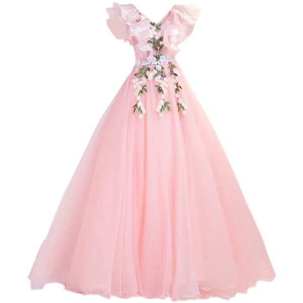 Flower Fairy Candy Pink Ruffle Prom Dresses 2021 A-Line / Princess V-Neck Lace Flower Appliques Long Sleeve Backless Floor-Length / Long Prom Formal Dresses