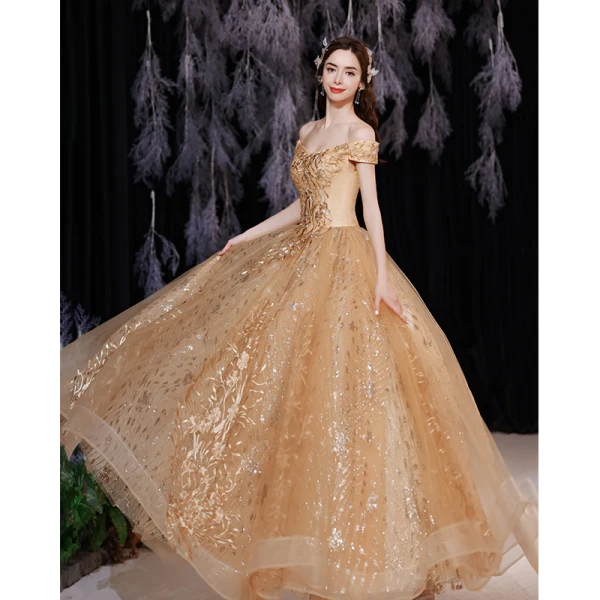 Chic / Belle Doré Robe De Bal 2021 Princesse De l'épaule Sans Manches En Dentelle Fleur Perlage Perle Dos Nu Longue Promo Robe De Ceremonie