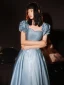 Fashion Sky Blue Prom Dresses 2021 A-Line / Princess Square Neckline Ruffle Short Sleeve Backless Floor-Length / Long Prom Formal Dresses