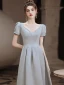 Vintage / Retro Silver Grey Satin Prom Dresses 2021 A-Line / Princess V-Neck Beading Pearl Sequins Short Sleeve Backless Floor-Length / Long Prom Formal Dresses
