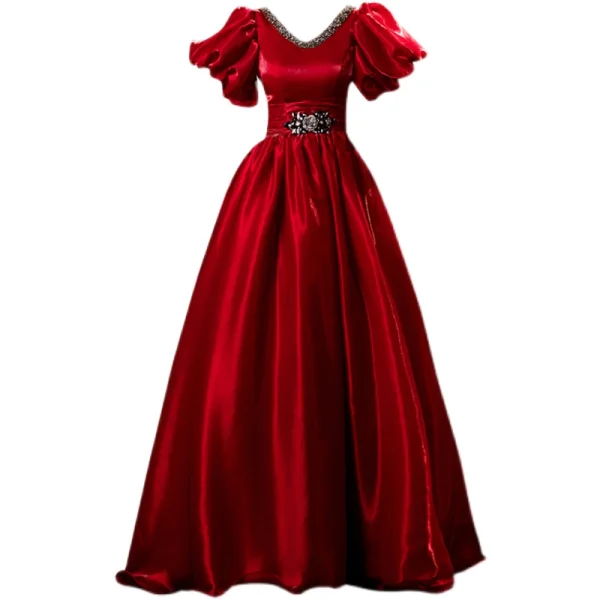 Vintage / Retro Burgundy Satin Prom Dresses 2021 A-Line / Princess V-Neck Rhinestone Bell sleeves Backless Floor-Length / Long Prom Formal Dresses