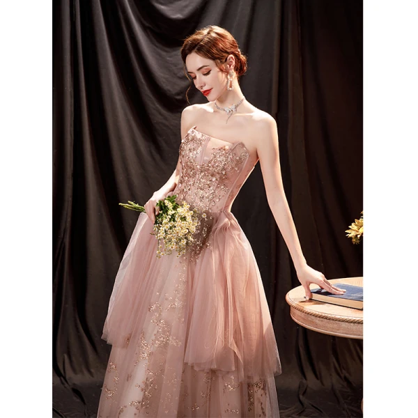 Charmant Rougissant Rose Robe De Bal 2021 Princesse Bustier Sans Manches Dos Nu Perlage Paillettes Longue Promo Robe De Ceremonie