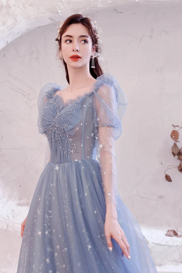 Charming Sky Blue Prom Dresses 2021 A-Line / Princess Square Neckline Beading Star Sequins Rhinestone Long Sleeve Backless Floor-Length / Long Prom Formal Dresses