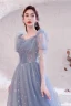 Charming Sky Blue Prom Dresses 2021 A-Line / Princess Square Neckline Beading Star Sequins Rhinestone Long Sleeve Backless Floor-Length / Long Prom Formal Dresses