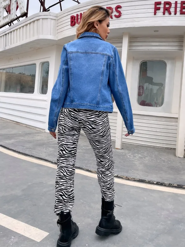 Fashion Summer Street Wear Casual Sky Blue Denim Coats & Jackets 2021 Lapel  Long Sleeve Women's Tops