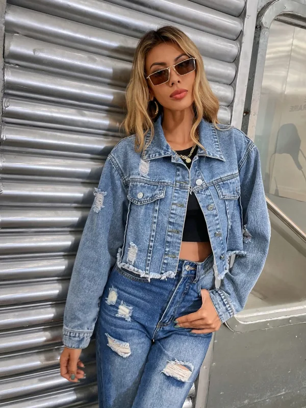 Mode Ocean Blå Trasiga Gatukläder Denim Rockar & Jackor 2021 Covered Button Omslags Damtoppar