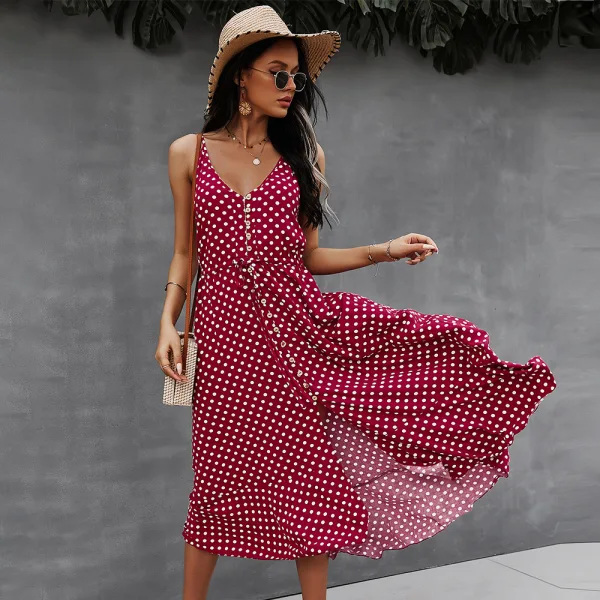 Fashion Summer Street Wear Resort Wear Beach Blushing Pink Spotted Women Dresses 2021 V-Neck Sleeveless Covered Button Sash Loose Tea-length