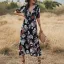 Bohême Noire Été Vêtements de vacances Vêtement de rue Plage Ample Floral Robes longues 2021 V-Cou Manches Courtes Femme