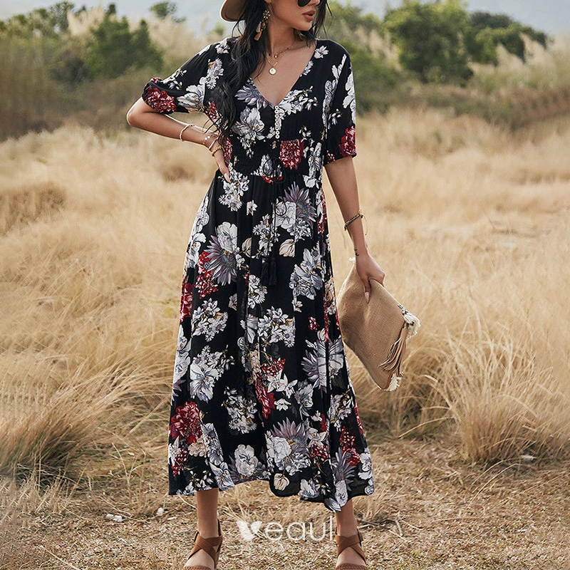 Bohemen Zwarte Zomer Resort slijtage Straatkleding Strand Los Bloemen Maxi jurken 2021 V Hals Korte Mouwen