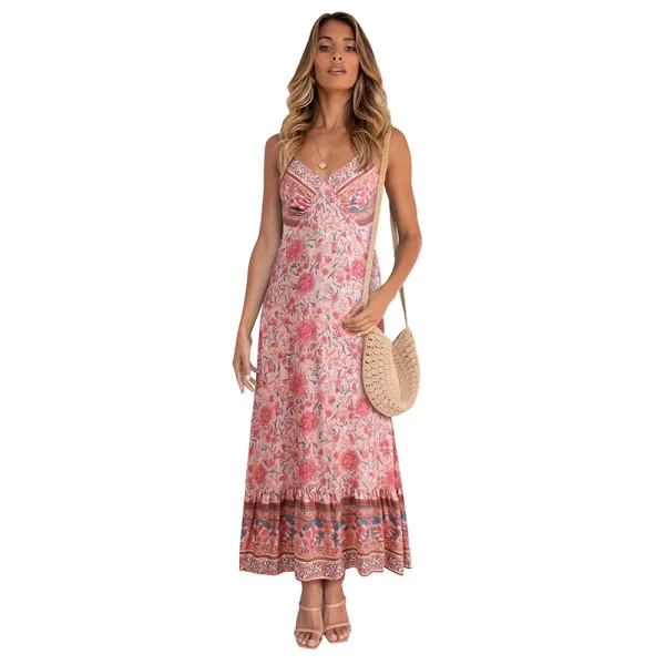 Bohemia Summer Street Wear Resort Wear Floral Candy Pink Maxi Dresses 2021 Spaghetti Straps Sleeveless Backless Ankle Length