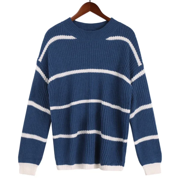Vintage / Retro Fall Winter Loose Street Wear Stripe White Knitting Sweaters 2021 Scoop Neck Long Sleeve Women's Tops