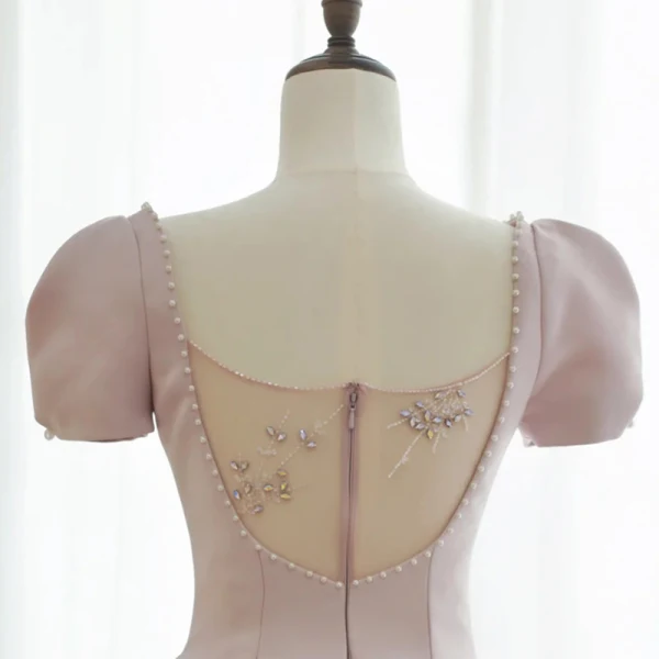Vintage / Retro Dusky Pink Prom Dresses 2021 A-Line / Princess V-Neck Pearl Rhinestone Short Sleeve Backless Floor-Length / Long Prom Formal Dresses