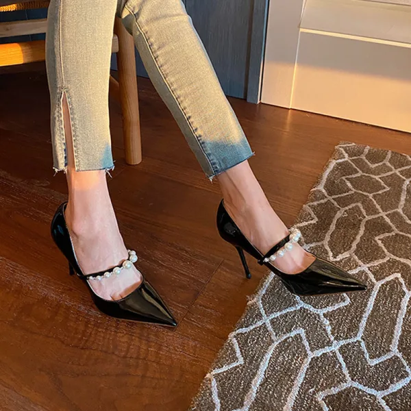 Charmant Blanche Perle Chaussure De Mariée 2021 Cuir 9 cm Talons Aiguilles À Bout Pointu Mariage Escarpins Talons Hauts