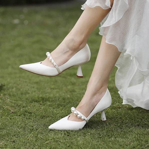 Fashion White Pearl Leather Satin Wedding Shoes 2021 6 cm Stiletto Heels Pointed Toe Wedding Pumps High Heels