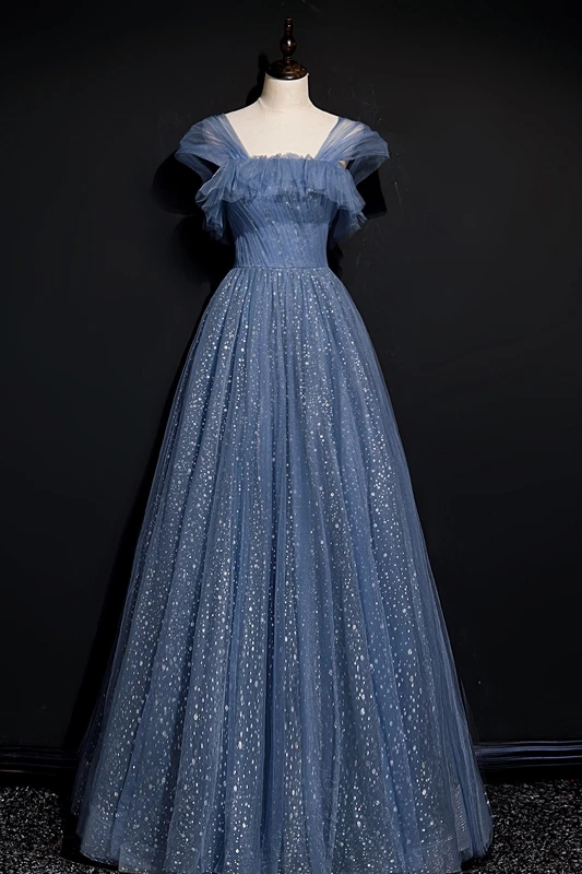 Fashion Ocean Blue Glitter Starry Sky Evening Dresses  Prom Dresses 2021 A-Line / Princess Ruffle Square Neckline Sleeveless Backless Floor-Length / Long Formal Dresses