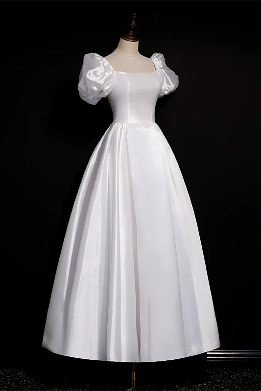 Vintage Schlicht Ivory / Creme Satin Brautkleider / Hochzeitskleider 2021 A Linie Eckiger Ausschnitt Kurze Ärmel Rückenfreies Wadenlang Hochzeit