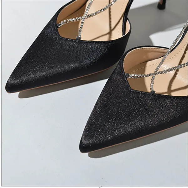 Charming Black Street Wear Cocktail Party Evening Party Womens Sandals 2021 Leather Rhinestone X-Strap 10 cm Stiletto Heels Pointed Toe Womens Shoes High Heels