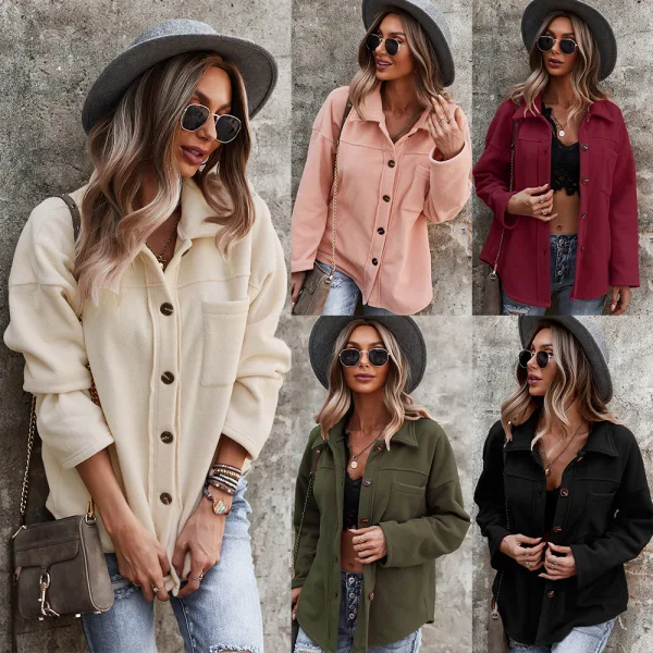 Comfortable Fall Winter Street Wear Beige Suede Regular Blouses 2021 Lapel  Long Sleeve Women's Tops