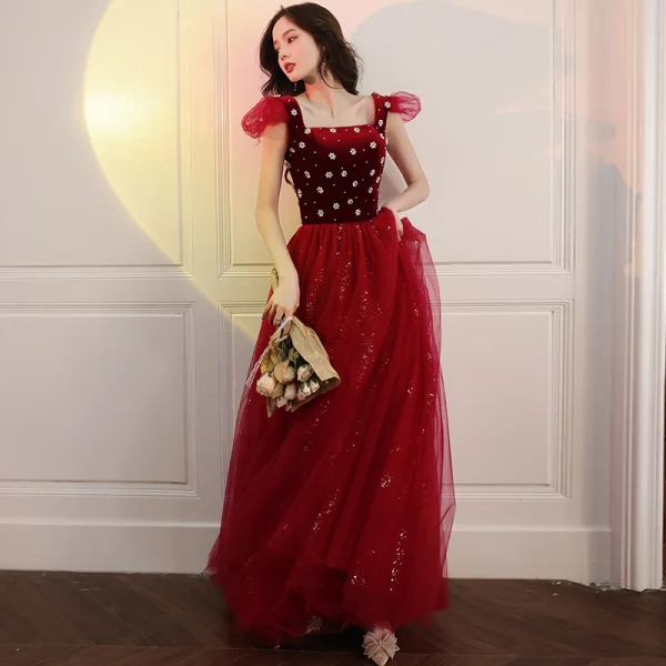 Vintage / Retro Red Pearl Sequins Prom Dresses 2021 A-Line / Princess Square Neckline Short Sleeve Backless Floor-Length / Long Prom Formal Dresses