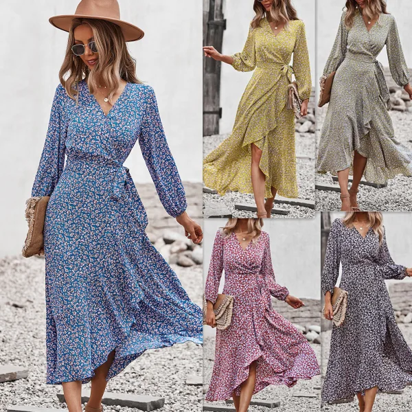 Bohemia Summer Beach Resort Wear Yellow Floral Maxi Dresses 2021 V-Neck Sash Bow Long Sleeve Tea-length