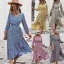Bohemia Summer Beach Resort Wear Yellow Floral Maxi Dresses 2021 V-Neck Sash Bow Long Sleeve Tea-length