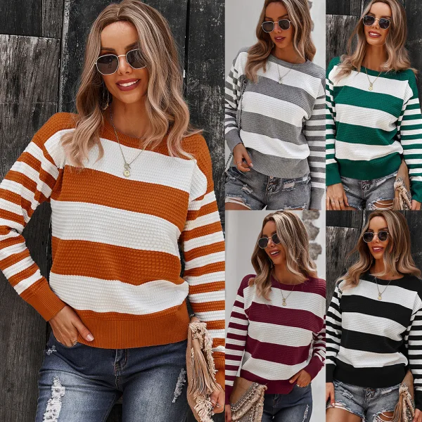 Mode Tomber Hiver Vêtement de rue Bande Orange Chandails 2021 Encolure Dégagée Manches Longues Coton Ample Hauts pour Femmes