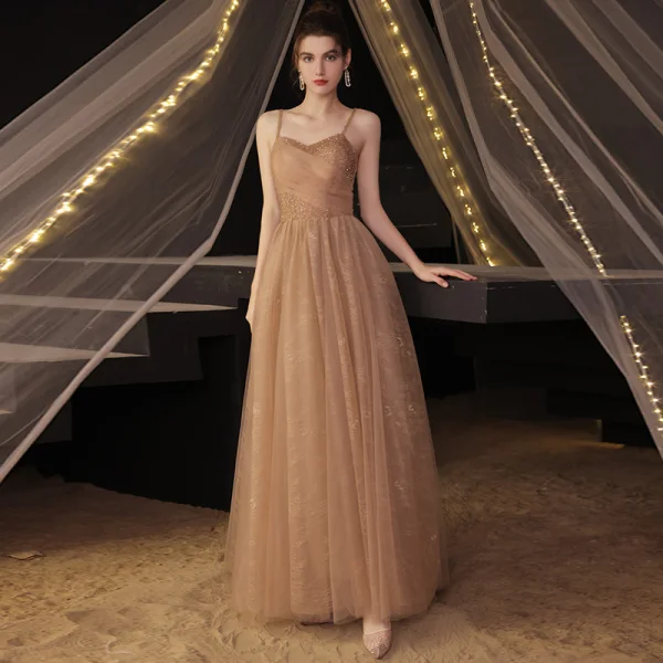 Modern / Fashion Champagne Beading Prom Dresses 2021 A-Line / Princess Spaghetti Straps Sleeveless Backless Floor-Length / Long Prom Formal Dresses