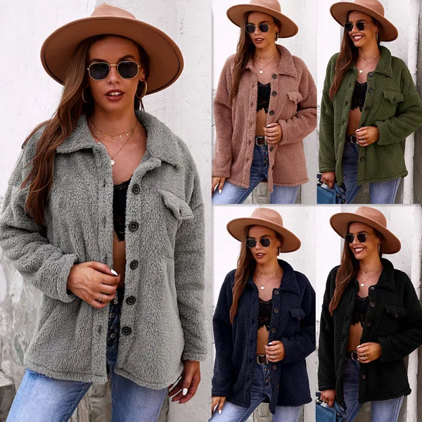 Fashion Fall Winter Suede Blushing Pink Street Wear Coats & Jackets Sweaters 2021 Buttons Lapel Long Sleeve Regular Women's Tops