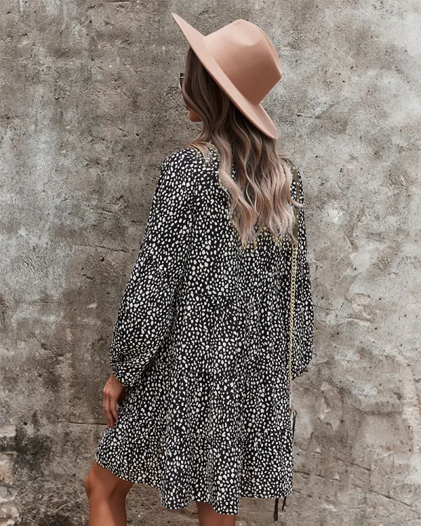 Modest Summer Brown Street Wear Spotted Leopard Print Women Dresses Women's Tops 2021 V-Neck Loose Long Sleeve Knee-Length