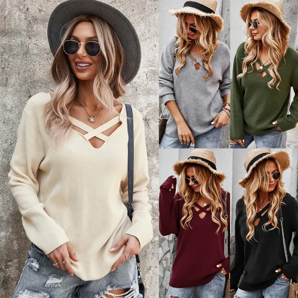 Sexy Fall Winter Beige Street Wear Sweaters 2021 Cotton V-Neck Regular Long Sleeve Women Tops