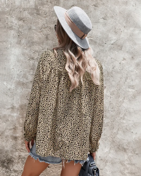 Mode Herbst Winter Braun Leopardenmuster Resort-Kleidung Strassenmode Blusen 2021 Rundhalsausschnitt Geflecktes Lange Ärmel Regulär Damen Oberteile