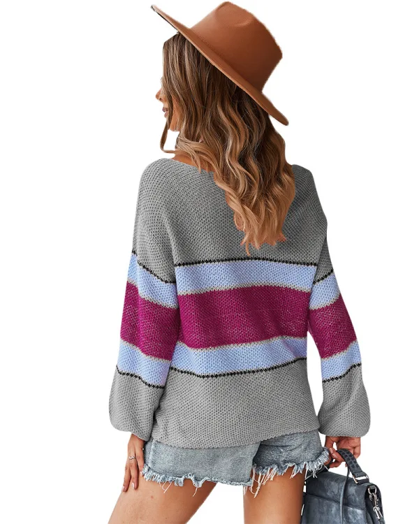 Chic / Beautiful White Fall Winter Casual Multi-Colors Striped Sweaters 2021 Cotton Scoop Neck Long Sleeve Loose Women Tops