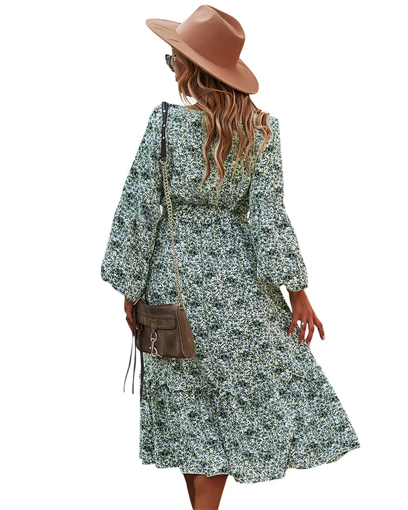 princess polly baby blue dress Chic Beautiful Fall Winter Beach Resort Wear Street Wear Blushing Pink  Floral Women Dresses 2021 V Neck Long Sleeve Sash Loose Knee Length