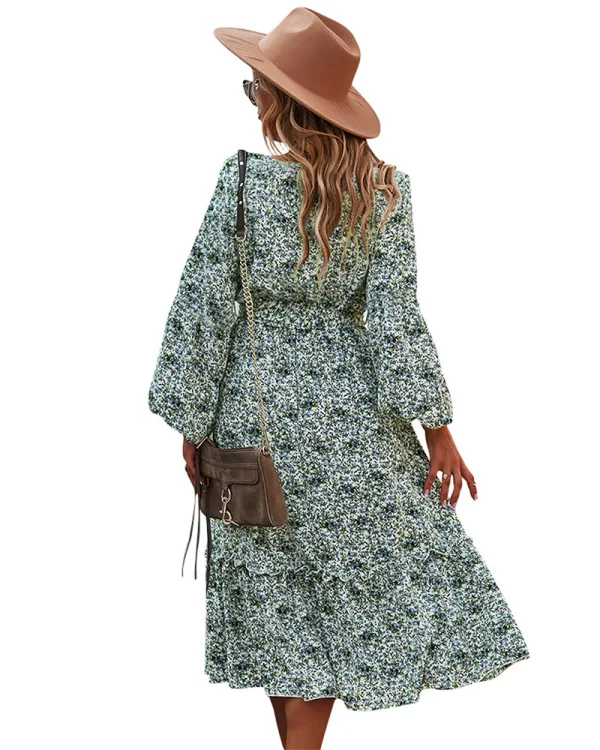 Chic / Beautiful Fall Winter Beach Resort Wear Street Wear Blushing Pink Floral Women Dresses 2021 V-Neck Long Sleeve Sash Loose Knee-Length