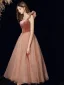 Vintage / Retro Blushing Pink Suede Prom Dresses 2021 A-Line / Princess U-Neck Short Sleeve Tea-length Prom Formal Dresses