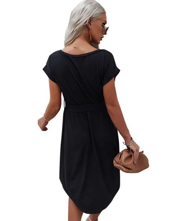 Casual Spring Summer Burgundy Women Dresses 2021 Scoop Neck Bow Short Sleeve Sash Loose