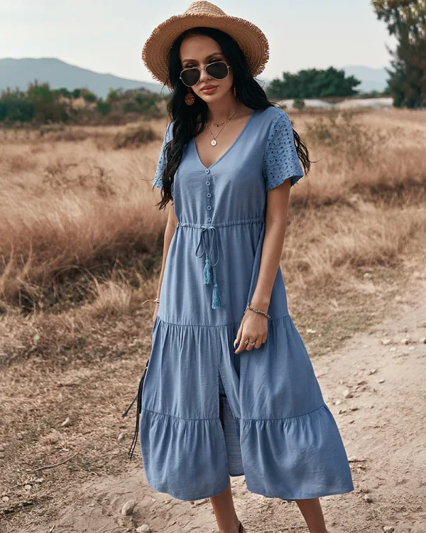 Casual Spring Summer Resort Wear Pool Blue Women Dresses 2021 V-Neck Short Sleeve Sash Tea-length Loose