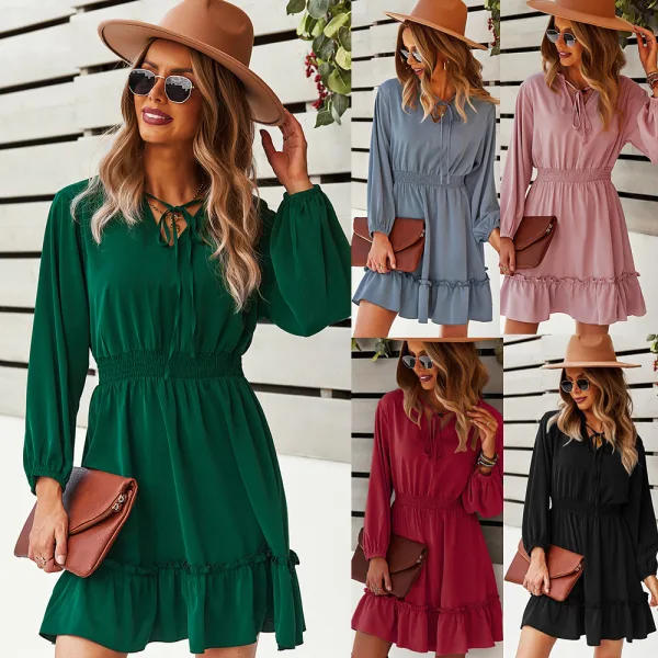 Chic / Beautiful Fall Winter Casual Dark Green Regular Women Dresses 2021 V-Neck Long Sleeve