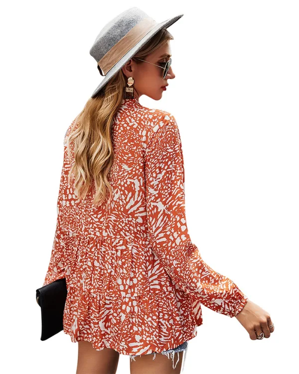 Mode Tomber Été Vêtements de vacances Blanche Floral Femme Hauts 2021 V-Cou Manches Longues Ample