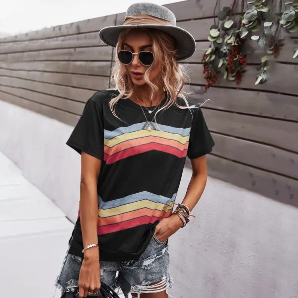 Fashion Spring Summer Candy Pink Street Wear Multi-Colors Striped T-Shirts 2021 Cotton Scoop Neck Loose Short Sleeve Women Tops