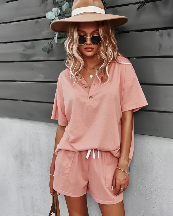 Casual Vår Sommar Limegrön Enfärgad Shorts T-Shirts 2021 V-Hals Knappar Korta ärm Lösa