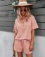 Casual Vår Sommar Limegrön Enfärgad Shorts T-Shirts 2021 V-Hals Knappar Korta ärm Lösa