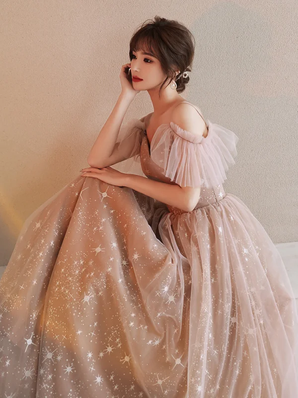 Fashion Champagne Bridesmaid Dresses 2021 A-Line / Princess Square Neckline Star Lace Sequins Bow Short Sleeve Backless Floor-Length / Long Bridesmaid Wedding Party Dresses