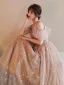 Fashion Champagne Bridesmaid Dresses 2021 A-Line / Princess Square Neckline Star Lace Sequins Bow Short Sleeve Backless Floor-Length / Long Bridesmaid Wedding Party Dresses