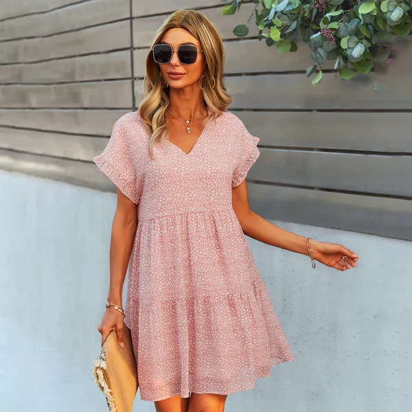 Comfortable Spring Summer Street Wear White Floral Women Dresses 2021 Loose V-Neck Short Sleeve