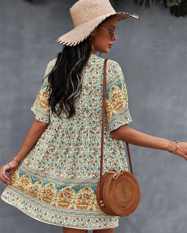 Bohemia Spring Summer Resort Wear Khaki Floral Women Dresses 2021 V-Neck Short Sleeve Loose
