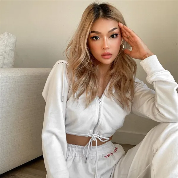 Fashion Fall Winter Street Wear White Solid Color Hooded Sweatshirts 2021 V-Neck Long Sleeve Loose Women Tops
