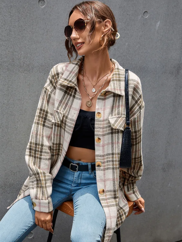 Fashion Beige Fall Winter Street Wear Plaid Coats & Jackets 2021 Lapel  Buttons Long Sleeve Loose Women Tops